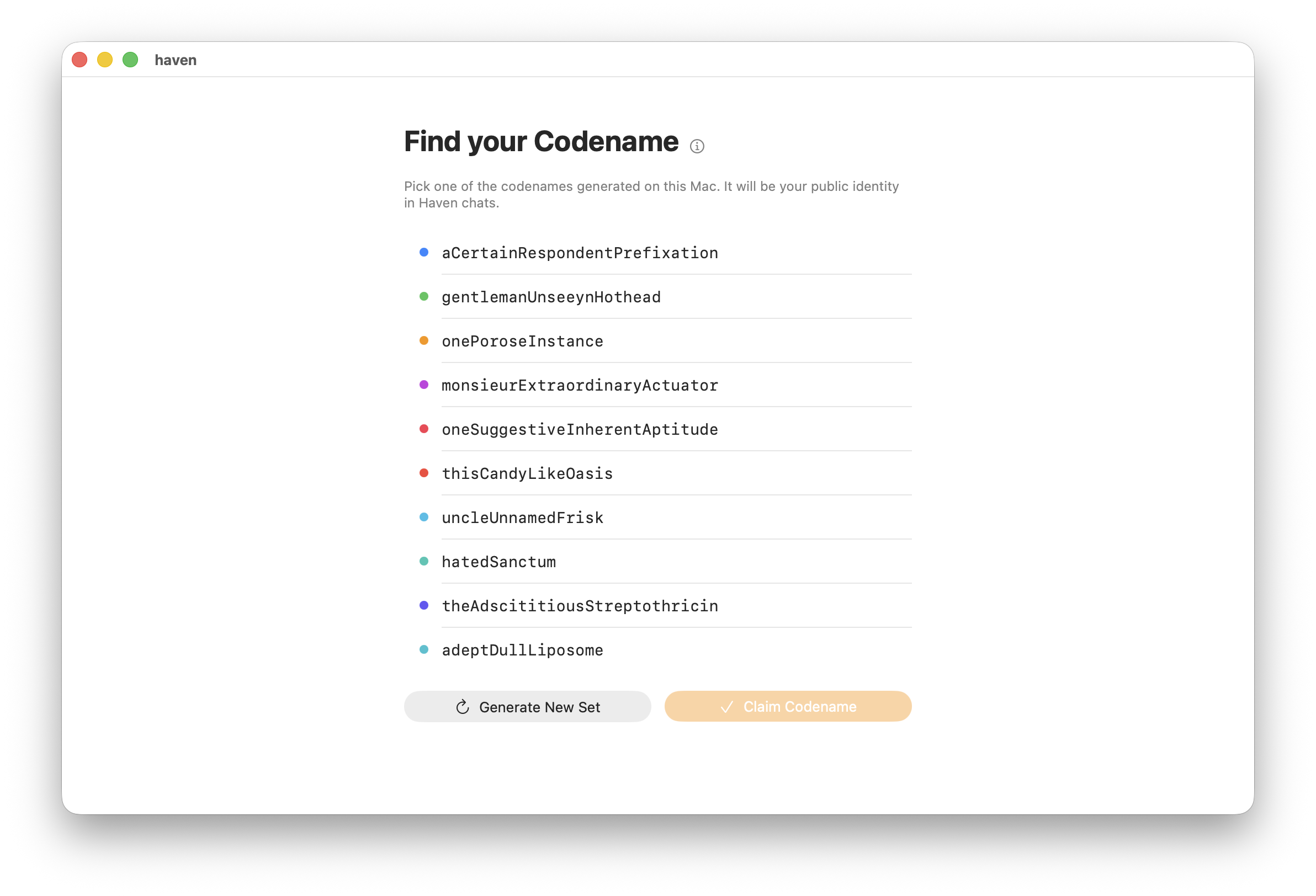 Haven for macOS codename picker - generated anonymous identities